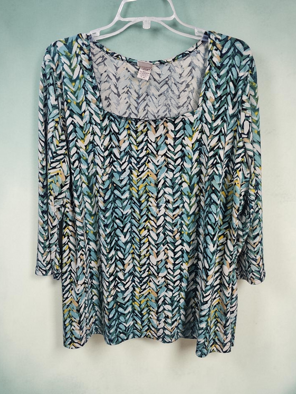 Covington Geometric Print Knit Top 3/4 Sleeves Green Blue Plus Size 16-18W